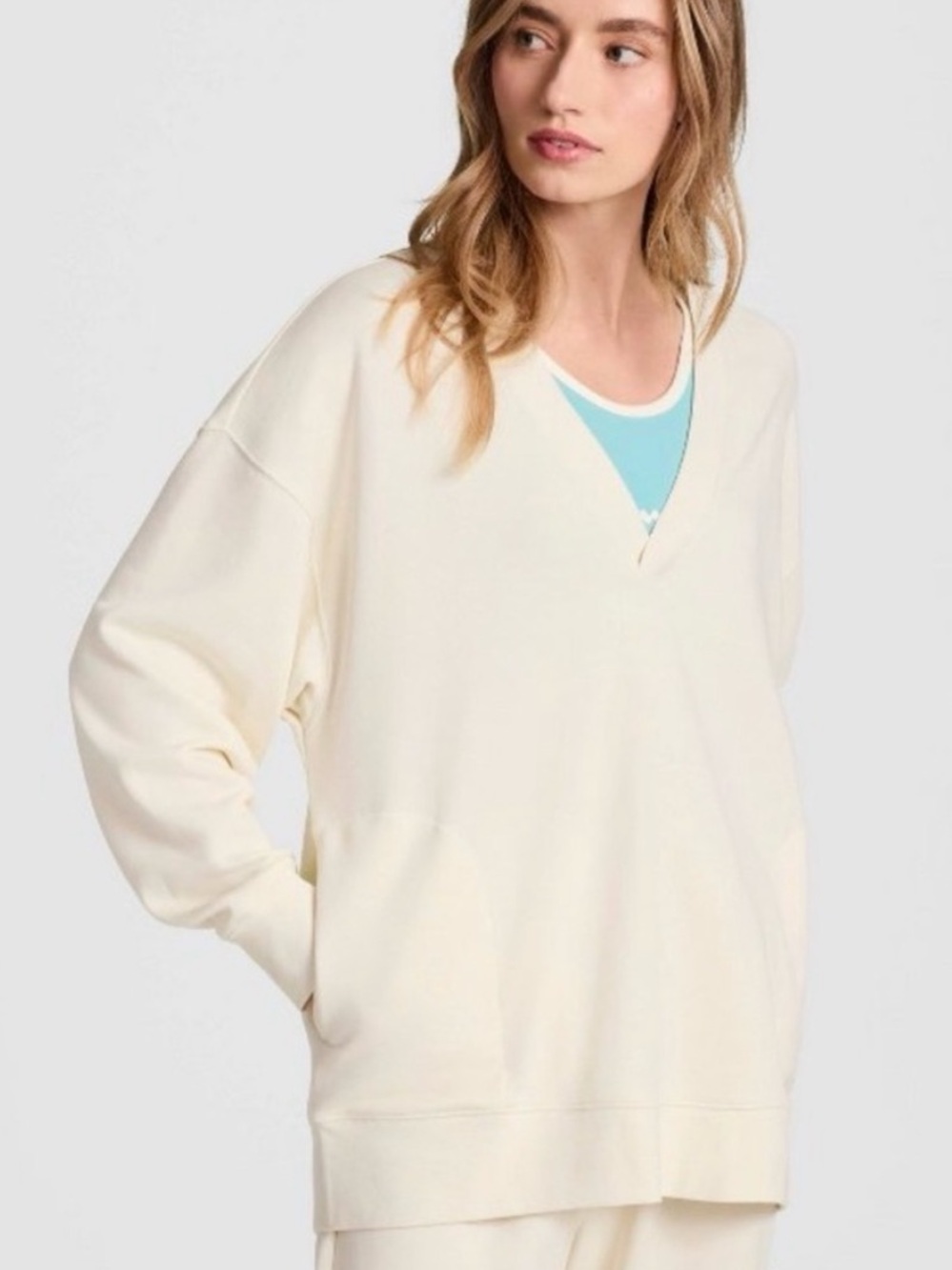 CHAMPION nwt Game Day Deep V Tunic Pullover Sweater in Unbleached Cotton
